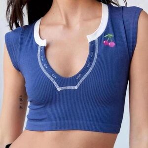 Out From Under | Urban Outfitters Navy Blue Crop Top with Cherry Embroidery